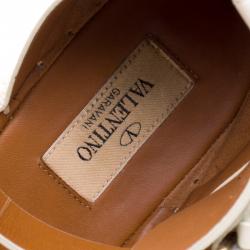 Pre Owned Valentino Cream Embroidered Leather A Jour Ankle Strap Espadrilles Size 40