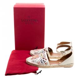 Pre Owned Valentino Cream Embroidered Leather A Jour Ankle Strap Espadrilles Size 40