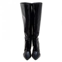Pre Owned Valentino Black Patent Leather Pointed Toe Knee High Boots Size 39