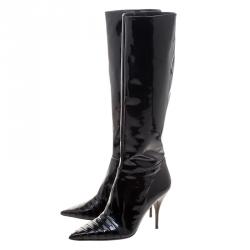 Pre Owned Valentino Black Patent Leather Pointed Toe Knee High Boots Size 39