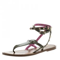 Pre Owned Valentino Two Tone Leather Rockstud Ankle Wrap Flat Sandals Size 38