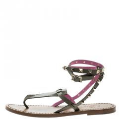 Pre Owned Valentino Two Tone Leather Rockstud Ankle Wrap Flat Sandals Size 38