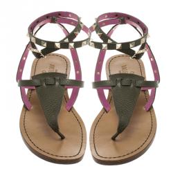 Pre Owned Valentino Two Tone Leather Rockstud Ankle Wrap Flat Sandals Size 38