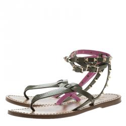 Pre Owned Valentino Two Tone Leather Rockstud Ankle Wrap Flat Sandals Size 38