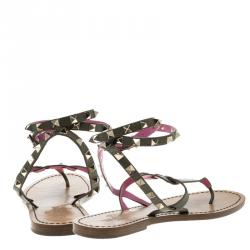 Pre Owned Valentino Two Tone Leather Rockstud Ankle Wrap Flat Sandals Size 38