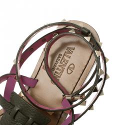 Pre Owned Valentino Two Tone Leather Rockstud Ankle Wrap Flat Sandals Size 38