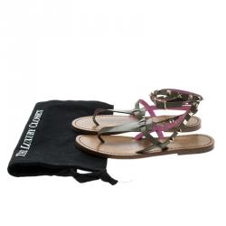 Pre Owned Valentino Two Tone Leather Rockstud Ankle Wrap Flat Sandals Size 38