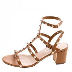 Pre Owned Valentino Brown Leather Rockstud Block Heel Sandals Size 38.5