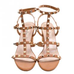 Pre Owned Valentino Brown Leather Rockstud Block Heel Sandals Size 38.5