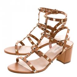 Pre Owned Valentino Brown Leather Rockstud Block Heel Sandals Size 38.5