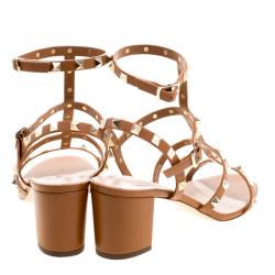 Pre Owned Valentino Brown Leather Rockstud Block Heel Sandals Size 38.5