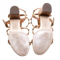 Pre Owned Valentino Brown Leather Rockstud Block Heel Sandals Size 38.5