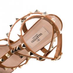 Pre Owned Valentino Brown Leather Rockstud Block Heel Sandals Size 38.5