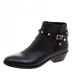 Pre Owned Valentino Black Leather Rockstud Ankle Boots Size 38.5