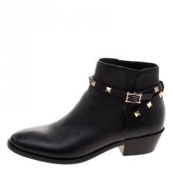 Pre Owned Valentino Black Leather Rockstud Ankle Boots Size 38.5