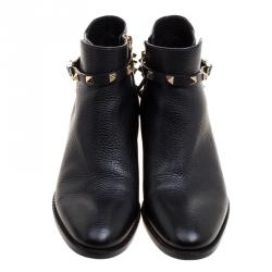 Pre Owned Valentino Black Leather Rockstud Ankle Boots Size 38.5