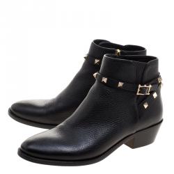 Pre Owned Valentino Black Leather Rockstud Ankle Boots Size 38.5