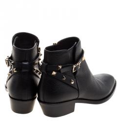 Pre Owned Valentino Black Leather Rockstud Ankle Boots Size 38.5