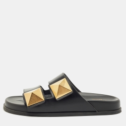Pre Owned Valentino Black Leather One Stud Flat Sandals Size 40.5
