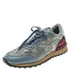 Pre Owned Valentino Slate Blue Lace and Suede Rockrunner Sneakers Size 37.5