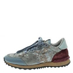 Pre Owned Valentino Slate Blue Lace and Suede Rockrunner Sneakers Size 37.5