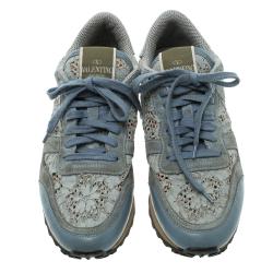Pre Owned Valentino Slate Blue Lace and Suede Rockrunner Sneakers Size 37.5