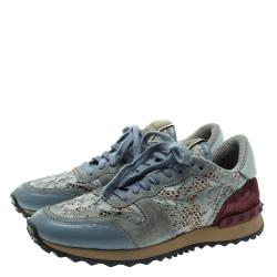 Pre Owned Valentino Slate Blue Lace and Suede Rockrunner Sneakers Size 37.5