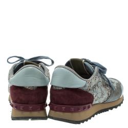 Pre Owned Valentino Slate Blue Lace and Suede Rockrunner Sneakers Size 37.5