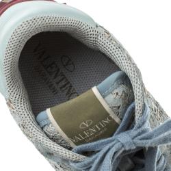 Pre Owned Valentino Slate Blue Lace and Suede Rockrunner Sneakers Size 37.5