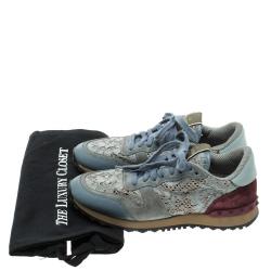 Pre Owned Valentino Slate Blue Lace and Suede Rockrunner Sneakers Size 37.5
