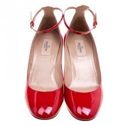 Pre Owned Valentino Red Patent Leather Tango Ankle Strap Pumps Size 40.5
