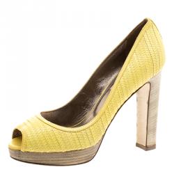 Pre Owned Valentino Lemon Yellow Embroidered Leather Peep Toe Platform Pumps Size 37