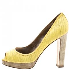 Pre Owned Valentino Lemon Yellow Embroidered Leather Peep Toe Platform Pumps Size 37