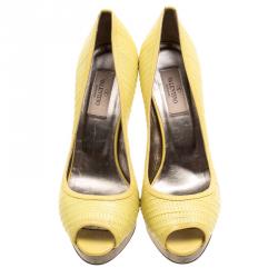 Pre Owned Valentino Lemon Yellow Embroidered Leather Peep Toe Platform Pumps Size 37