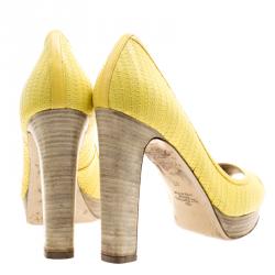 Pre Owned Valentino Lemon Yellow Embroidered Leather Peep Toe Platform Pumps Size 37