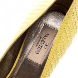 Pre Owned Valentino Lemon Yellow Embroidered Leather Peep Toe Platform Pumps Size 37