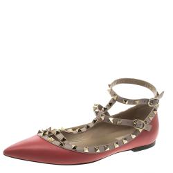 Pre Owned Valentino Red Leather T Strap Rockstud Ballet Flats Size 39.5