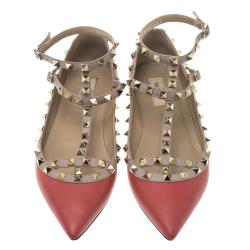 Pre Owned Valentino Red Leather T Strap Rockstud Ballet Flats Size 39.5