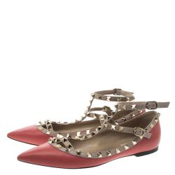 Pre Owned Valentino Red Leather T Strap Rockstud Ballet Flats Size 39.5