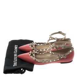 Pre Owned Valentino Red Leather T Strap Rockstud Ballet Flats Size 39.5