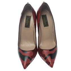 Pre Owned Valentino Two Tone Camouflage Leather and Canvas Pointed Toe Pumps Size 37