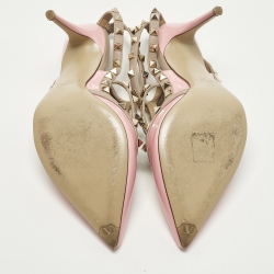 Pre Owned Valentino Rockstud Size 40 Pink Leather and Patent Leather Ankle Strap Pumps