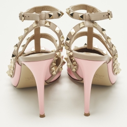 Pre Owned Valentino Rockstud Size 40 Pink Leather and Patent Leather Ankle Strap Pumps