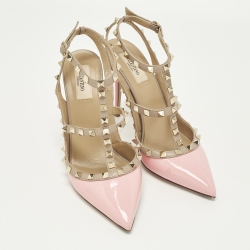 Pre Owned Valentino Rockstud Size 40 Pink Leather and Patent Leather Ankle Strap Pumps