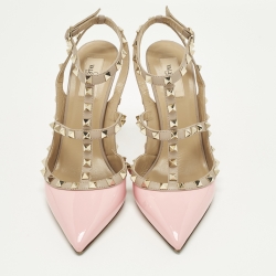 Pre Owned Valentino Rockstud Size 40 Pink Leather and Patent Leather Ankle Strap Pumps