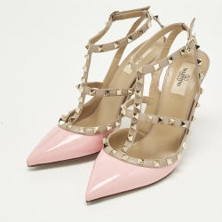 Pre Owned Valentino Rockstud Size 40 Pink Leather and Patent Leather Ankle Strap Pumps