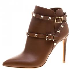 Pre Owned Valentino Cognac Leather Rockstud Pointed Toe Ankle Boots Size 35.5