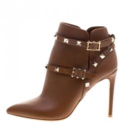 Pre Owned Valentino Cognac Leather Rockstud Pointed Toe Ankle Boots Size 35.5