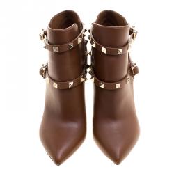 Pre Owned Valentino Cognac Leather Rockstud Pointed Toe Ankle Boots Size 35.5