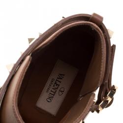 Pre Owned Valentino Cognac Leather Rockstud Pointed Toe Ankle Boots Size 35.5